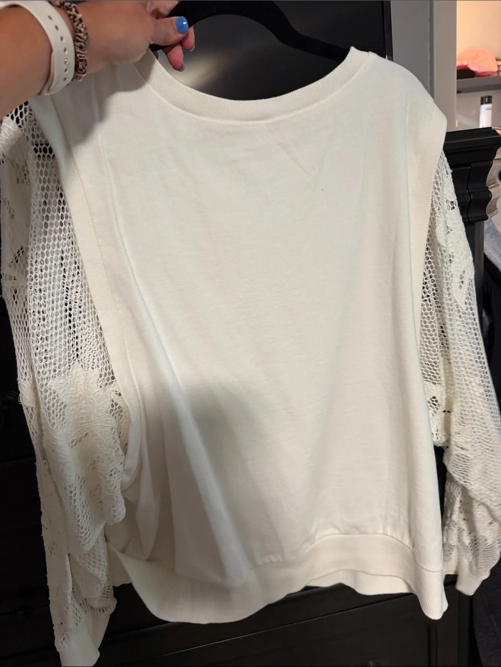 Anthropologie Cream Crochet-Sleeve Embroidered Sweatshirt